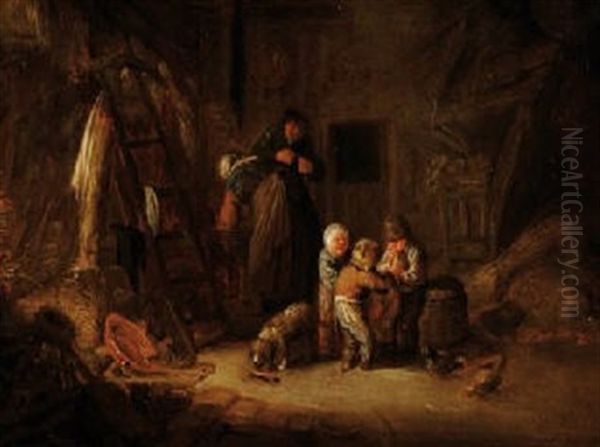 Jeunes Enfants Jouant Dans La Chaumiere Oil Painting by Isaac Van Ostade