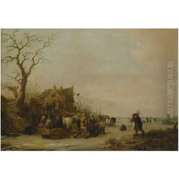 A Winter Landscape With Peasants On A Frozen Lake Near An Inn, A Faggot Gatherer Nearby Oil Painting by Isaac Van Ostade