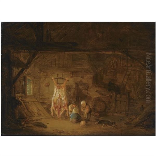 A Barn Interior With Three Children Playing With A Pig's Bladder, Next To A Slaughtered Pig Oil Painting by Isaac Van Ostade