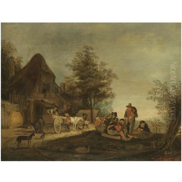 A Landscape With Peasants Sitting Outside A Tavern Beside A Horse-and-cart Oil Painting by Isaac Van Ostade