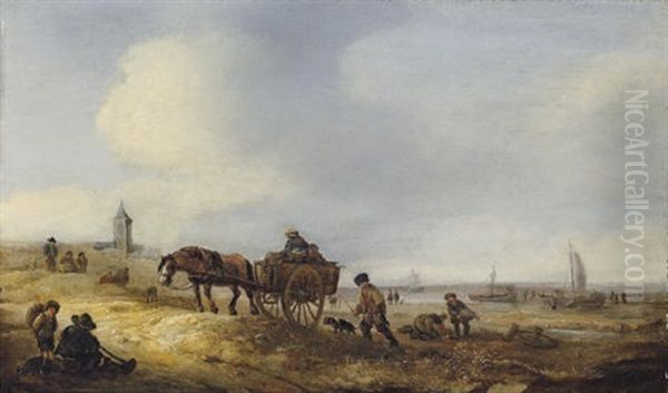 A Beach Scene With Fisherfolk And A Horse And Cart, A Church Beyond Oil Painting by Isaac Van Ostade