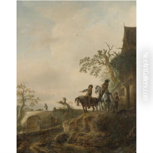 Horsemen Halting At An Inn, A Shepherd Driving His Flock Across A Bridge Beyond Oil Painting by Isaac Van Ostade