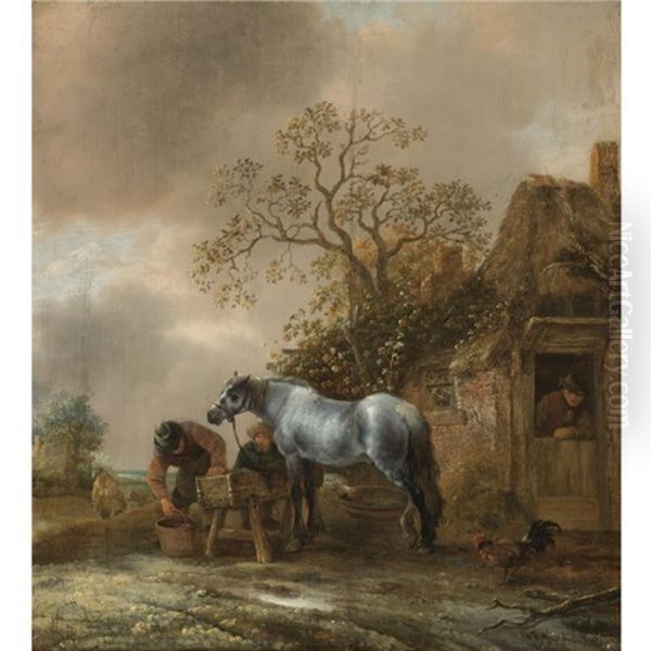 Landscape With Peasants Feeding A Grey Outside A Cottage Oil Painting by Isaac Van Ostade