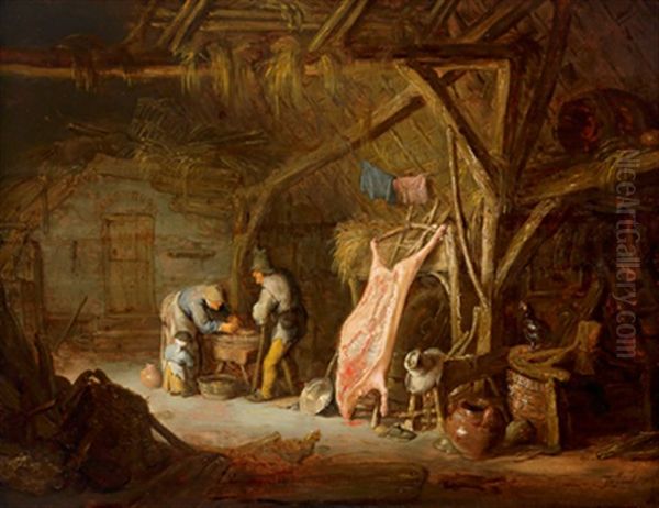 Eine Bauerliche Familie Beim Zubereiten Von Fleisch In Einer Scheune Oil Painting by Isaac Van Ostade