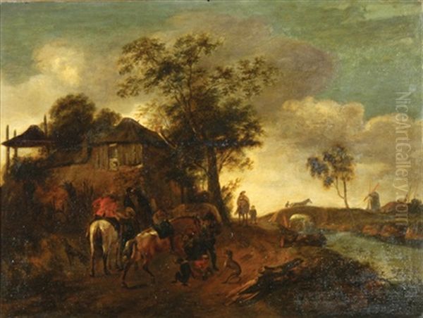 Figures On Horseback, A Bridge And Windmill Beyond Oil Painting by Isaac Van Ostade