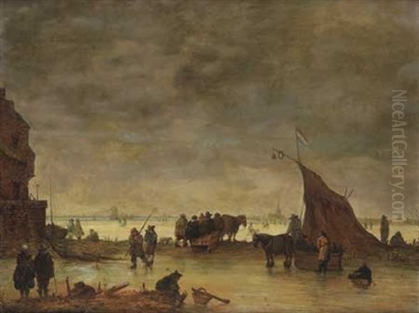 Scene De Riviere Gelee En Hollande Oil Painting by Isaac Van Ostade