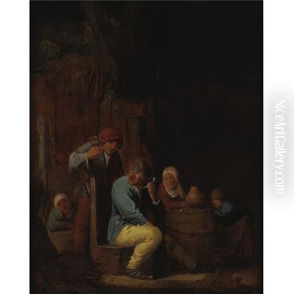 Peasants Drinking And Smoking In A Tavern Oil Painting by Isaac Van Ostade