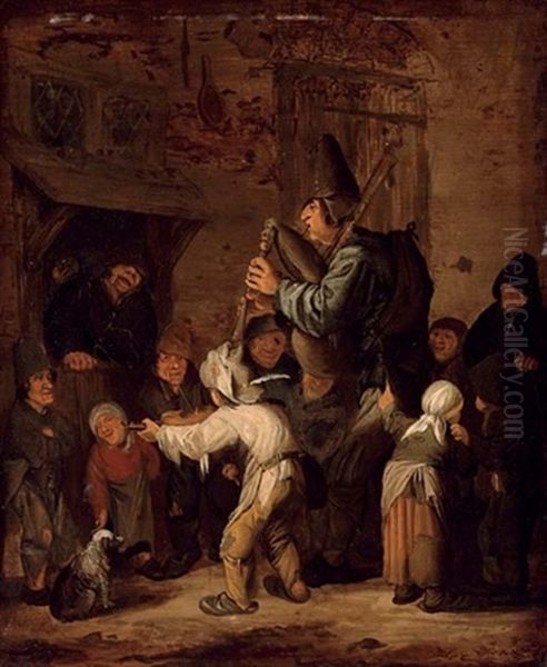 Children Gathered Around A Figure Playing A Bagpipe Oil Painting by Isaac Van Ostade