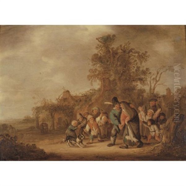 Peasant Guiding His Drunken Wife, Ridiculed By A Group Of Children Oil Painting by Isaac Van Ostade