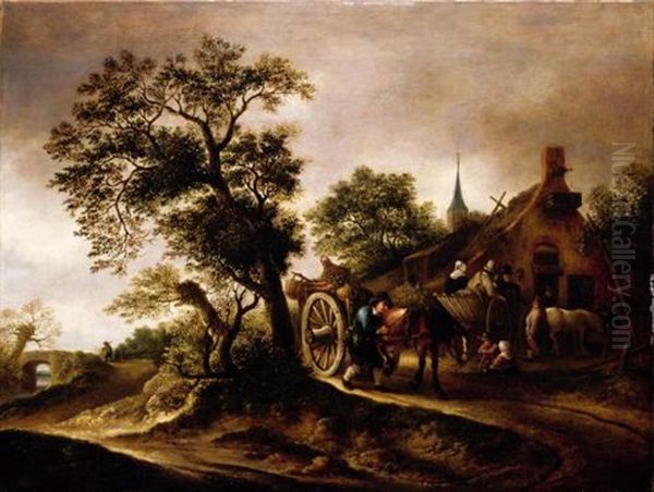 Landscape With Figures And Carts Before A Cottage Oil Painting by Isaac Van Ostade