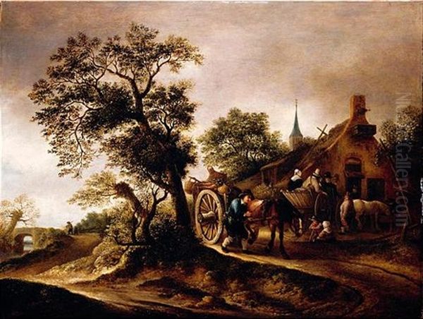 Landscape With Figures And Carts Before A Cottage by Isaac Van Ostade