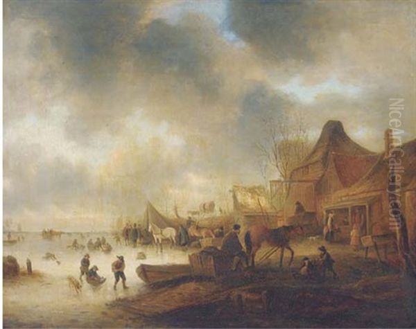 A Frozen River Landscape With Townsfolk By A Farm Oil Painting by Isaac Van Ostade