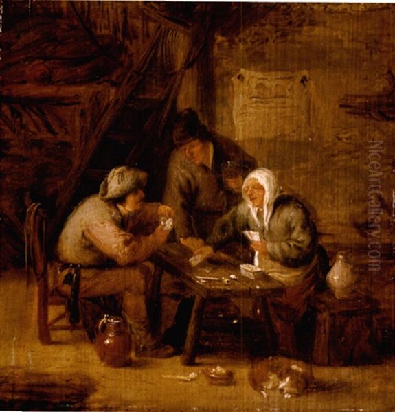 Interior With Peasants Playing Cards At A Table Oil Painting by Isaac Van Ostade