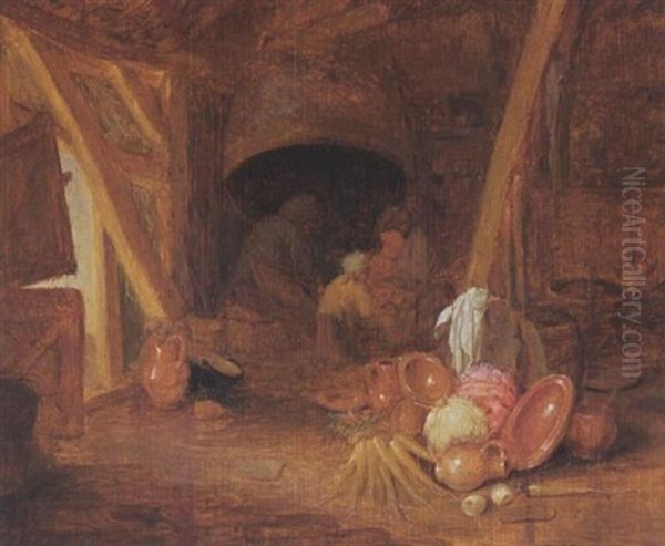 Peasants Gathered Around A Fire In A Barn, A Kitchen Still Life In The Foreground Oil Painting by Isaac Van Ostade