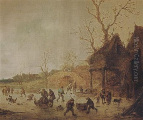 A Winter Landscape With Skaters, Children Playing Kolf And Figures With Sledges On The Ice Near A Bridge Oil Painting by Isaac Van Ostade