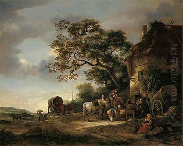 Peasants And Travellers Refreshing Themselves Outside An Inn Oil Painting by Isaac Van Ostade