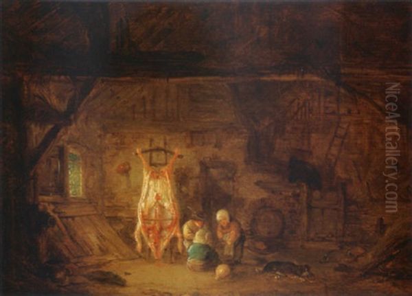 A Barn Interior With Three Children Playing With A Pig's Bladder Oil Painting by Isaac Van Ostade