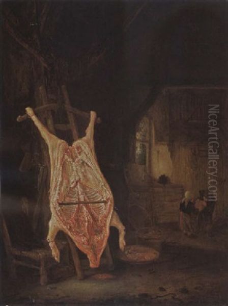 A Barn Interior With A Pig's Carcase And Two Children Playing With Its Blatter In The Background Oil Painting by Isaac Van Ostade