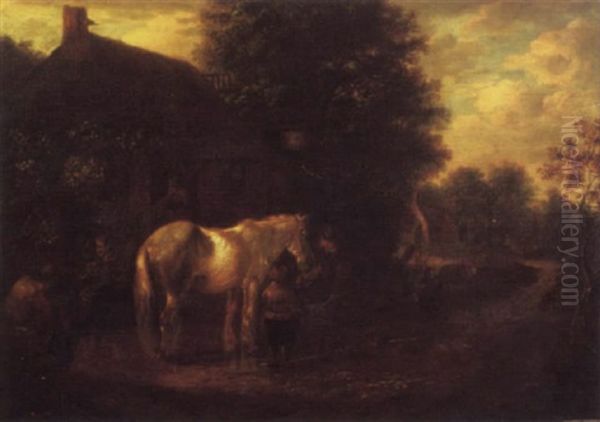 Peasants Feeding A Horse Outside A Cottage In A Wooded Landscape Oil Painting by Isaac Van Ostade