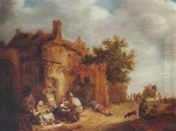 Peasants Eating Before A Tumbledown Cottage At The Side Of A Road by Isaac Van Ostade