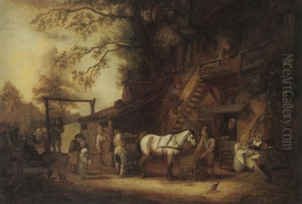 Figures Loading Barrels On A Wagon Outside A Country Inn Oil Painting by Isaac Van Ostade