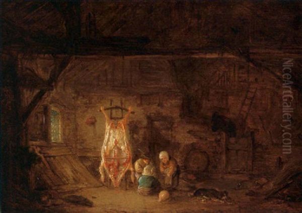 A Barn Interior With Three Children Playing With A Pig's Bladder Oil Painting by Isaac Van Ostade