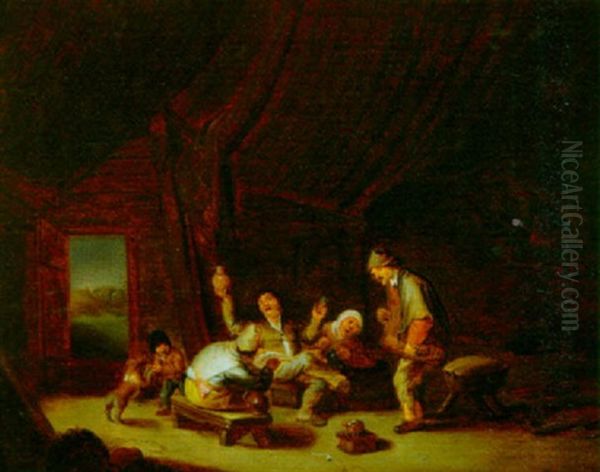 A Barn Interior With Peasants Drinking And Smoking Oil Painting by Isaac Van Ostade