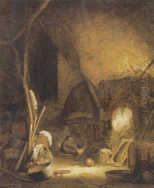 A Peasant Woman Seated By A Fire In A Barn, Pots And Pans In The Foreground Oil Painting by Isaac Van Ostade