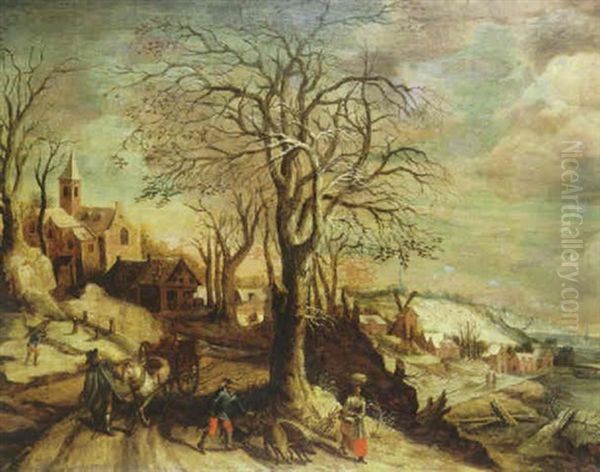 Carriole Et Paysans Dans Un Paysage De Neige Oil Painting by Isaac Van Ostade