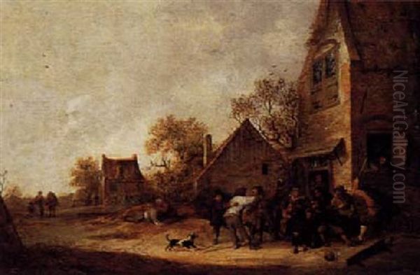 Peasants Fighting Outside An Inn by Isaac Van Ostade