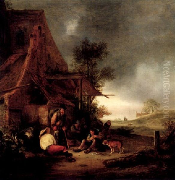 Peasants Resting And Smoking By An Inn, A Goat And A Dog Nearby, A Landscape At Dusk In The Distance Oil Painting by Isaac Van Ostade