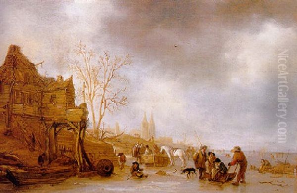 A Winter Landscape With Villagers On A Frozen Waterway by Isaac Van Ostade