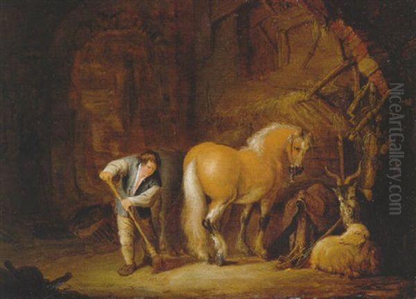 Horses, A Goat And A Sheep In A Stable With A Groom Sweeping The Floor Oil Painting by Isaac Van Ostade