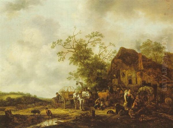 A Waggoner And Other Figures Halted At An Inn Oil Painting by Isaac Van Ostade