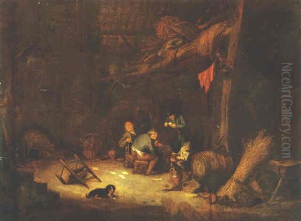 Peasants Playing Cards In A Barn Oil Painting by Isaac Van Ostade