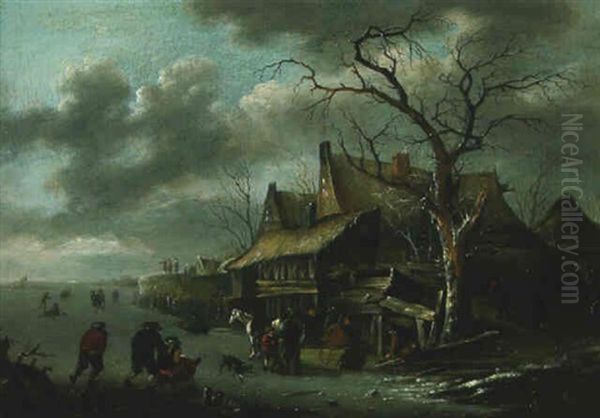 Peasants On A Frozen Waterway Near A Village by Isaac Van Ostade