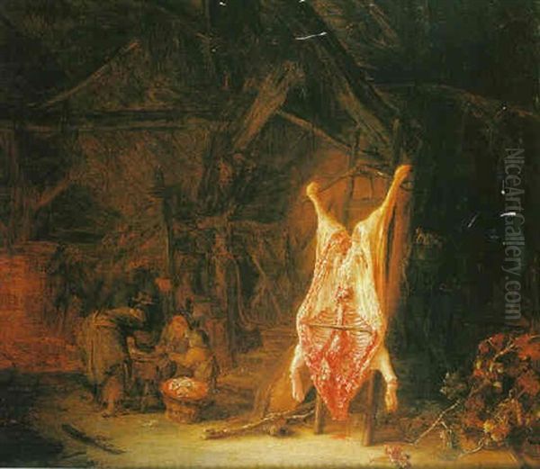 Scene D'interieur D'etable Avec Un Cochon Ecorche Oil Painting by Isaac Van Ostade