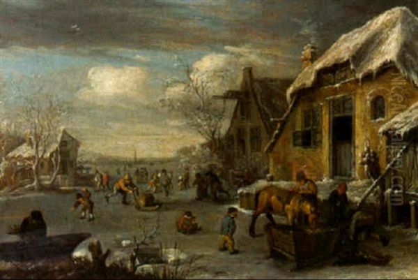 Skaters On A Frozen River By A Tavern Oil Painting by Isaac Van Ostade