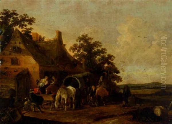 Travellers Halting Outside An Inn Oil Painting by Isaac Van Ostade