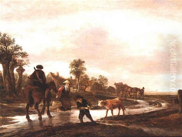 A Milkmaid Crossing A Waterlogged Track In Front Of A Man On A Horse, Whilst A Young Boy Struggles With A Calf, A Cart And Horse Led By A Man Beyond Oil Painting by Isaac Van Ostade