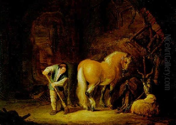 Stallansicht Mit Einem Knecht, Pferd, Schaf Und Ziegenbock Oil Painting by Isaac Van Ostade