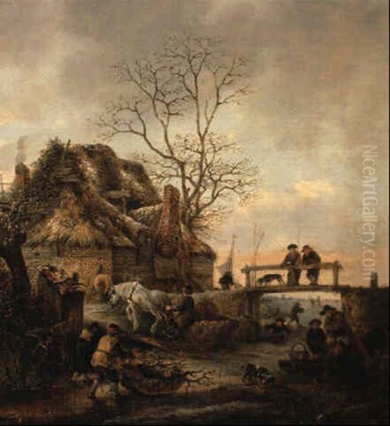 A Winter Landscape With Woodgatherers, Farmer And Horse, And Onlookers Oil Painting by Isaac Van Ostade