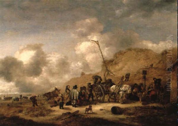 A Couple Watching A Fishmonger Loading A Horsedrawn Waggon On The Beach Oil Painting by Isaac Van Ostade