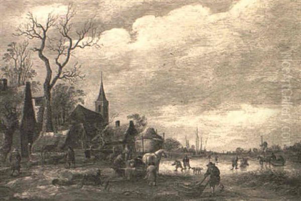 A Winter Landscape With Peasants On A Frozen River by Isaac Van Ostade