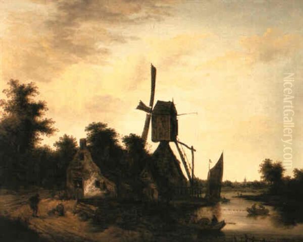 A River Landscape With A Windmill And Peasants Resting By Cottage Oil Painting by Isaac Van Ostade