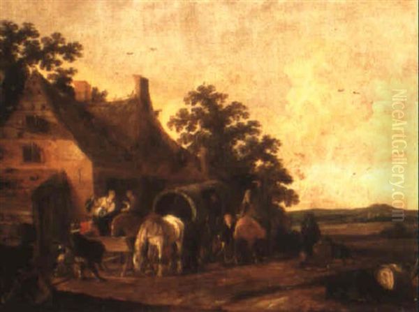 Travellers Outside An Inn Oil Painting by Isaac Van Ostade