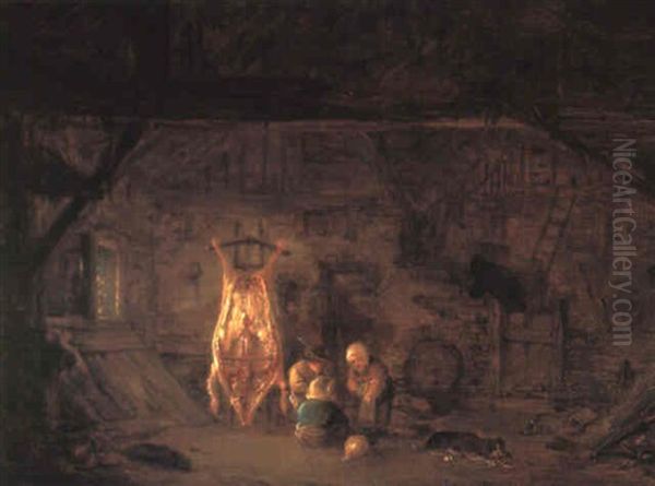 Spielende Kinder Und Ein Geschlachtetes Schwein Oil Painting by Isaac Van Ostade