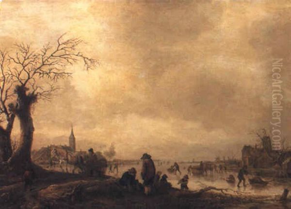 Winter Landscape With Townsfolk On A Frozen Waterway Oil Painting by Isaac Van Ostade