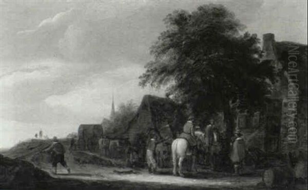 Horsemen Stopping Outside An Inn; A Landscape Beyond Oil Painting by Isaac Van Ostade