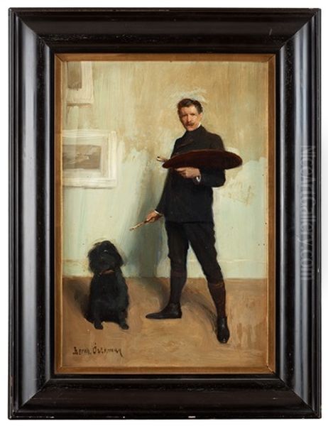 Sjalvportratt Med Hund Oil Painting by Bernhard Osterman